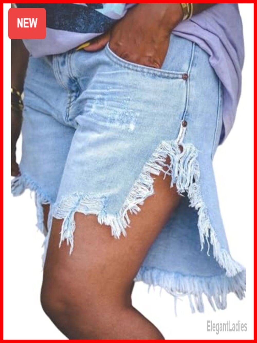 High Waisted Distressed Denim Bermuda Shorts with Fringe